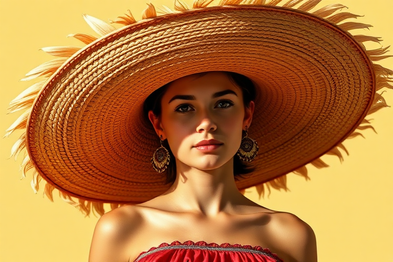 A broad and expansive sombrero hat casts a shadow over the head and body of a young lady.