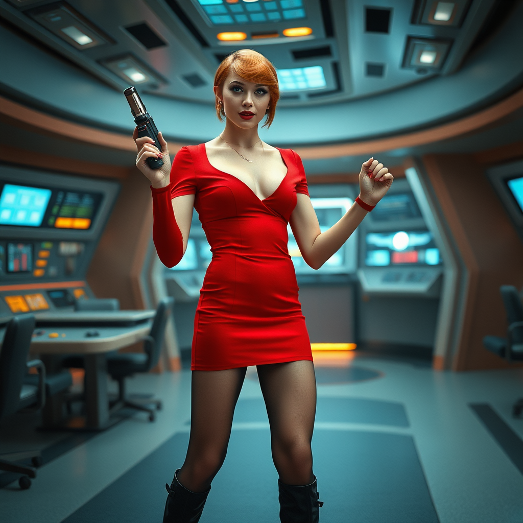 photorealistic, ultra high resolution, 16K, surreal fantasy, bright studio lighting, Tyler Swift is a pretty 24 year old male, slim male physique - no visible breast bulge, red hair, emo makeup, set on the bridge of Enterprise in Star Trek tv series, short red mini-dress, sheer black pantyhose, black stiletto calf-length boots, holding a phaser in his right hand, excited smile, facing the camera.