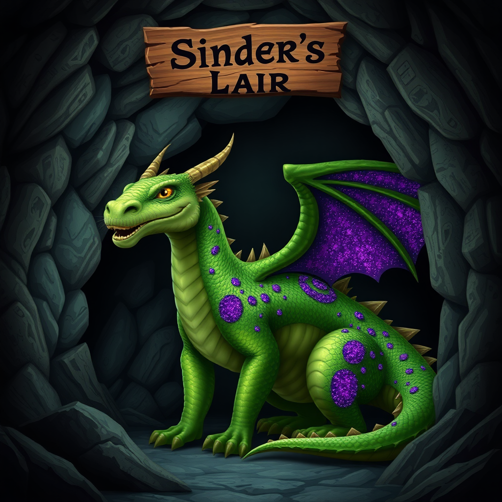 A photo realistic green dragon with purple sparkly spots in a dragon cave with a sign above it that says "Sinder's Lair"