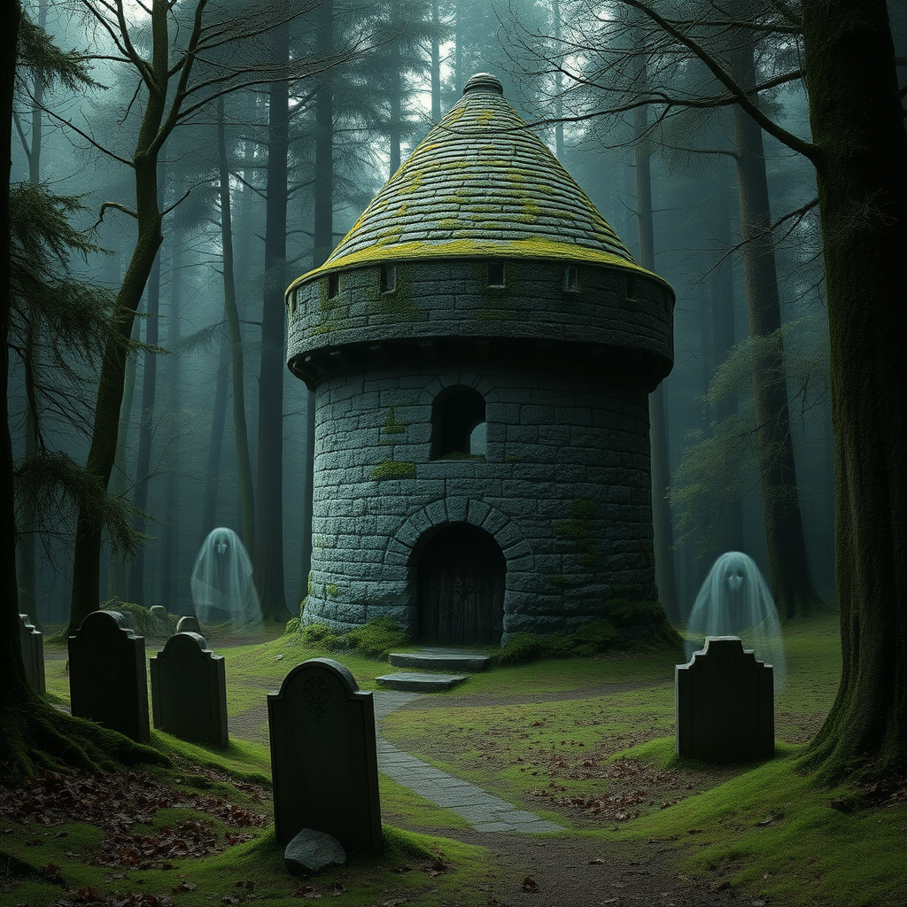 A photo realistic small, old and worn, round, moss covered medieval stone tower in a dark forest clearing that has grave stones in it with very faint ghost like forms around the area.