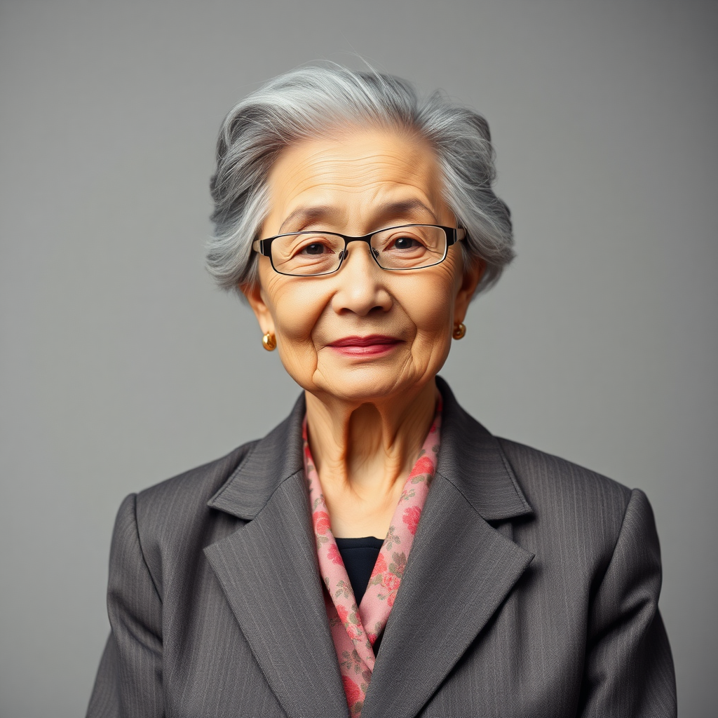 80 age old korean woman, front, woman suit, photo studio background,