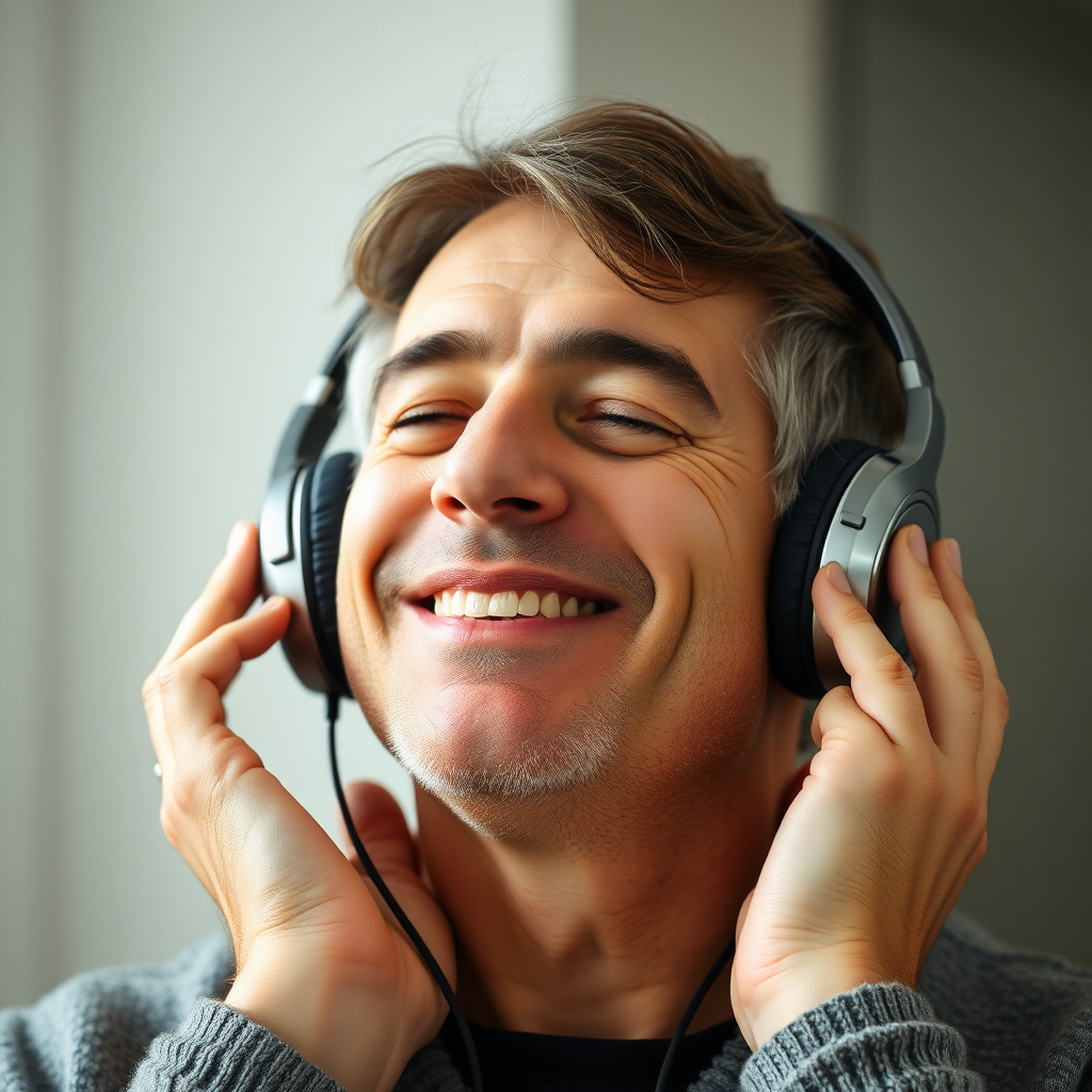 Caucasian middle-aged man with closed eyes and smiling listening with headphones