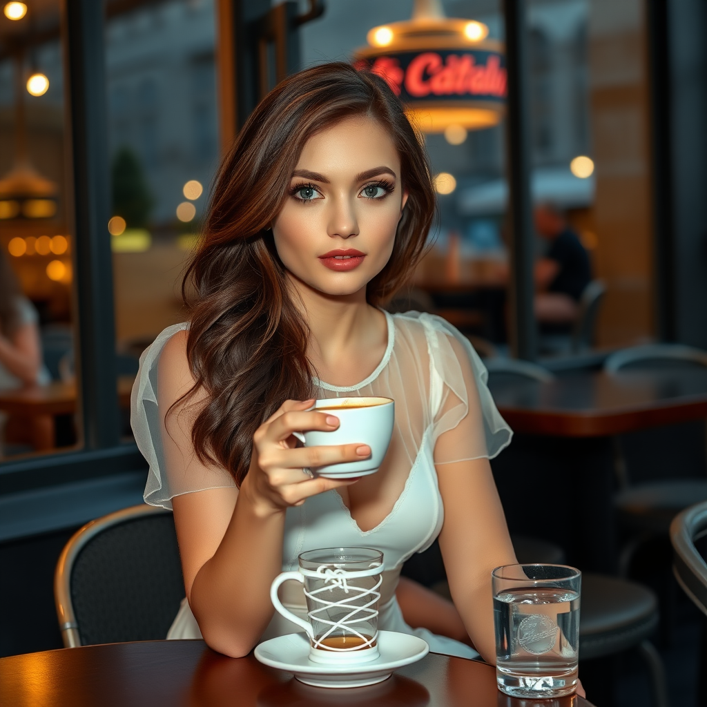 A young woman with brunette hair, pale blue eyes, wearing a translucent white dress and white lace-up high heels. She is sitting in front of a café at a table, with a cup of steaming coffee and a small glass of water on the table. It's late evening. Photo.