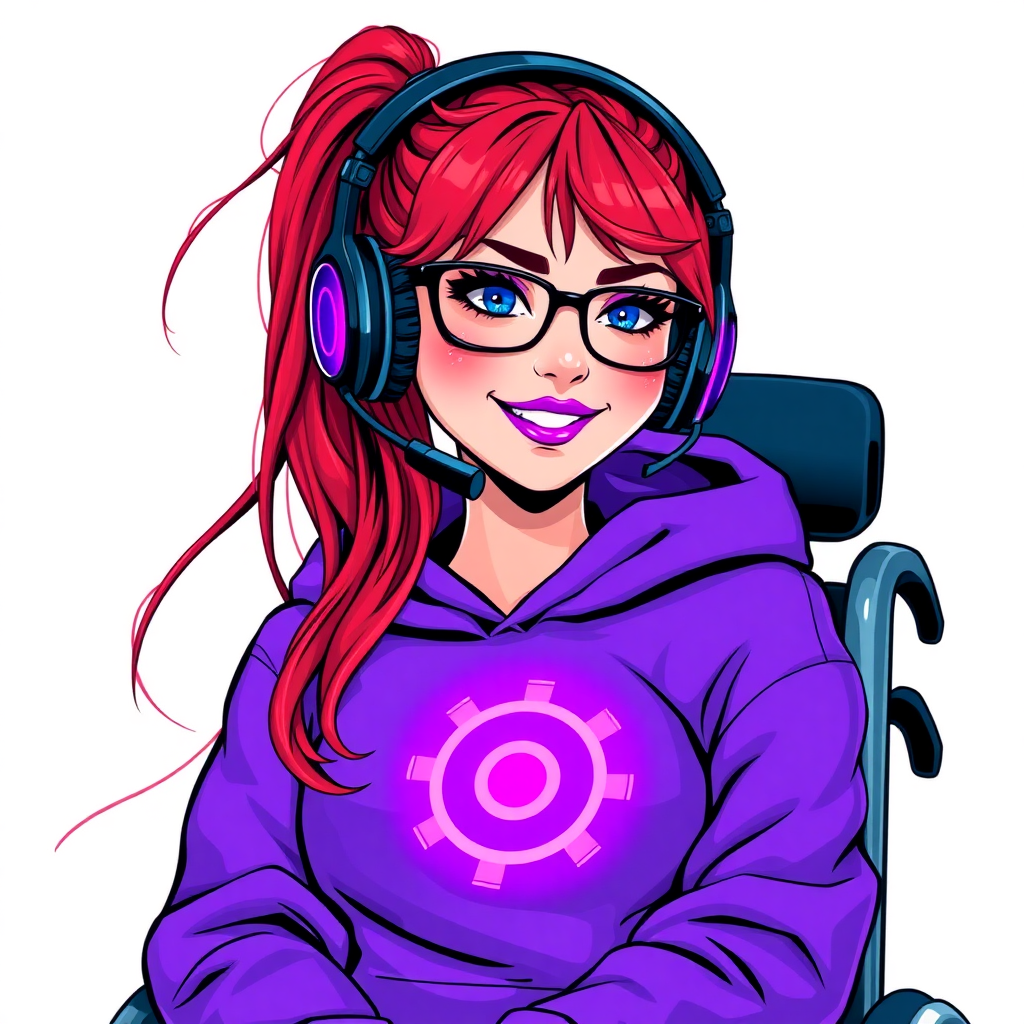 A nerdy, 29-year-old tech genius in a wheelchair, with a long neon red ponytail. She wears maximum purple lipstick, bright blue eyes, and a maximum purple hoodie featuring a neon purple glowing cog chest icon. She sports a charoite headset, black eyeglasses, and a lovestruck smile with neon red blush. She serves as her corrupt Cyberpunk CEO boyfriend's tech expert from his corporate safehouse, diligently working at her lab table and computer desk. The background is solid white. She is drawn as if she was in a retro 2D cyberpunk fighting game.