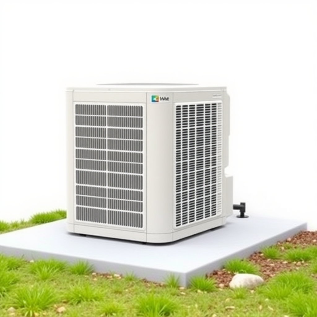 A simple, realistic image of a standard residential outdoor air conditioning unit or condenser. The unit should be placed on a flat surface, such as a concrete pad, and surrounded by some basic landscaping elements like grass, small shrubs, or rocks. The unit should be a neutral color like white, beige, or gray. The image should have a plain, uncluttered background to serve as a generic stock photo.