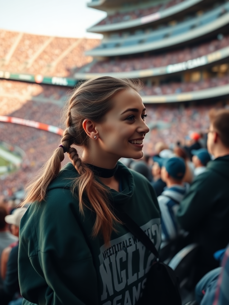 Attractive female NFL fan, pigtail hair, cheering at crowded bleacher row, NFL stadium, low angle shot