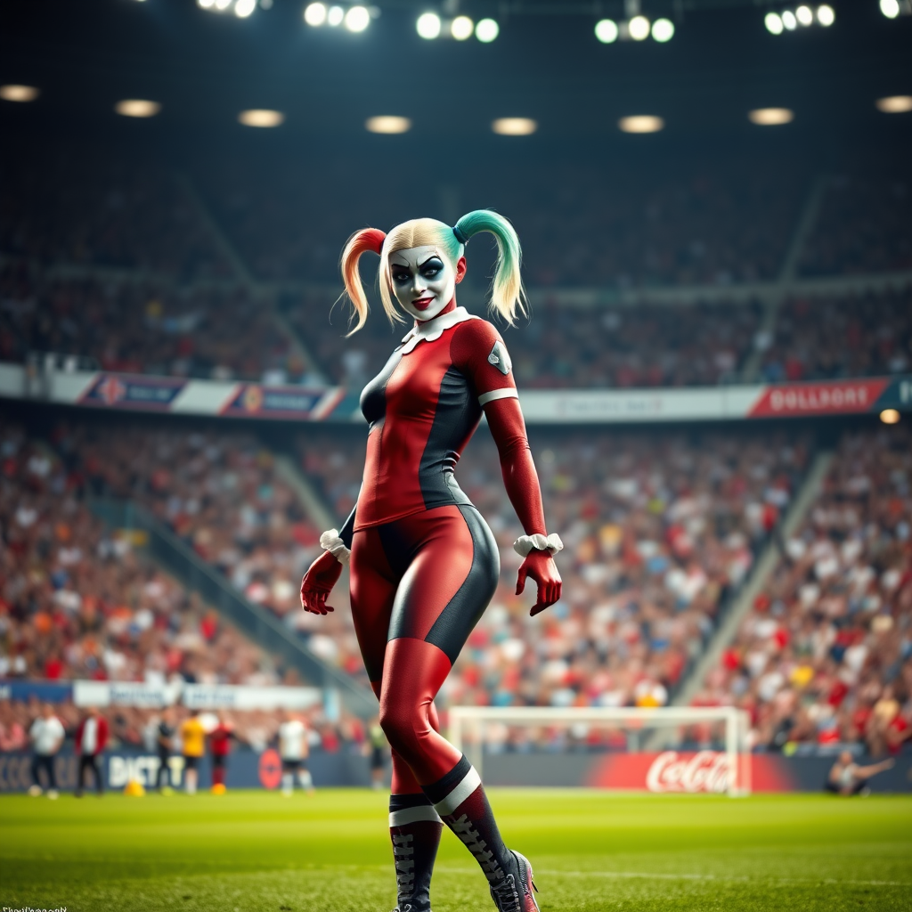 Harley Quinn in the soccer stadium standing in the middle of the crowd.