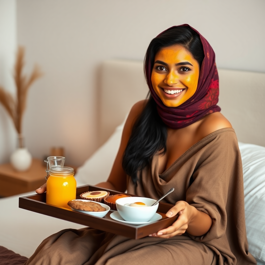 slim, 30 year old, sexy, indian wife, scarf head, turmeric face mask. She is smiling and serving breakfast on a tray on bedside table