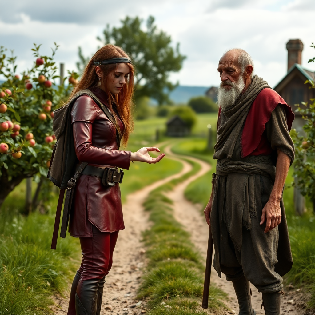 A wide distance shot of a pretty female adventurer in subtle red leather clothing, standing next to a thin, short, frail clean-shaven old farmer wearing rags and who looks ill. She is holding a gold ring towards him but he waves it away. Apple trees surround a pastoral fantasy house near a road to "Dunright".