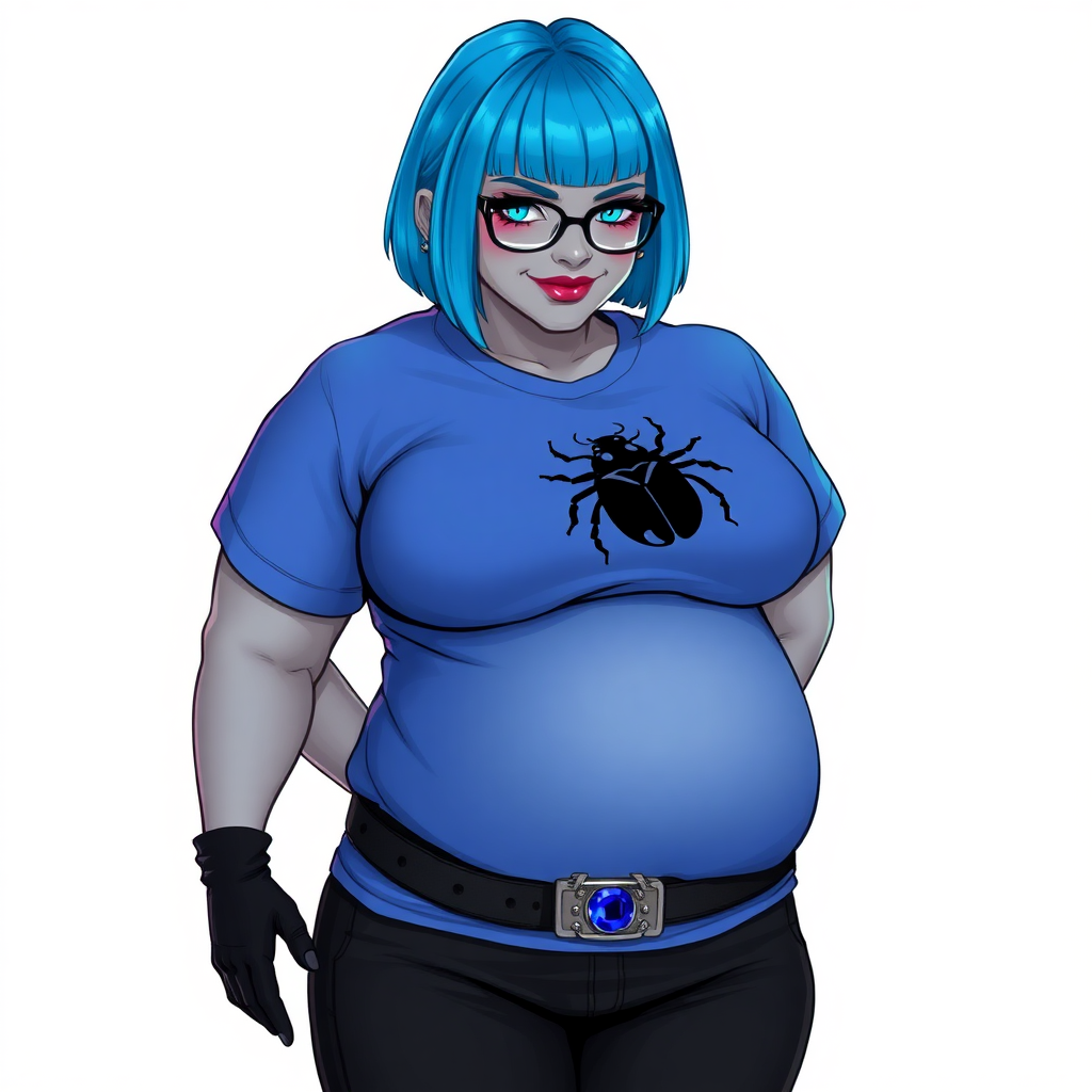 A 28-year-old, full-figured, metallic middle gray skinned computer program hybrid with a short maximum blue bob cut. She has a non-athletic build, highlighted by a prominent, round midsection (with a focus on her round belly). As a digital sidekick to her cyberpunk vigilante boyfriend, her middle gray metallic skin and maximum blue lipstick emphasize her digital nature. She wears a large, tight-fitting, maximum blue t-shirt (accentuating her belly) with a black chest icon of a beetle on its chest, black pants, a black belt with a sapphire scarab buckle, and black gloves. Her bright blue eyes, black eyeglasses, and shy smile with neon red blush accentuate her nerdiness. She bashfully bows her head (while still facing the screen) with her hands behind her back, her t-shirt covers her midsection (especially her belly) and emphasizing her full-figured, non-athletic physique. She is on a solid white background. She is drawn as if she was in a retro 2D cyberpunk fighting game. She is clearly non-athletic, with a focus on her full figure. Make sure her outfit covers all of her bare skin (especially her midsection).