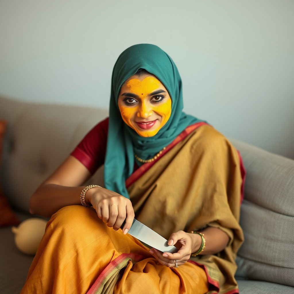 slim, 30 year old, modern indian wife with saree and hijab, turmeric paste on her face. she is sitting on a sofa and cutting vegetables