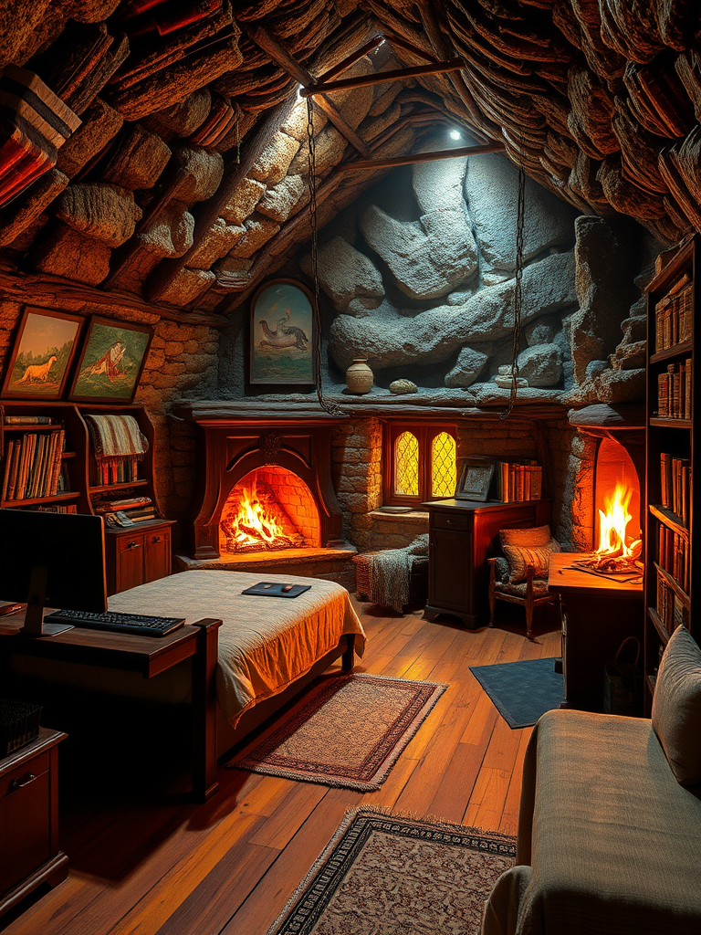 Cottage in the Cave: Rough stone walls, warm firelight, brown bed frame, soft cotton quilt, black computer, metal keyboard, bright stove fire, green moss, thick curtains, solid wood floor, colorful cushions, ancient murals, smoking chimney, exquisite ornaments, silver mouse, warm blanket, worn bookshelf, yellowing books, stone steps, cold windowsill, vigorous flames, dim corners, mysterious totem, worn tablecloth, real, reality.