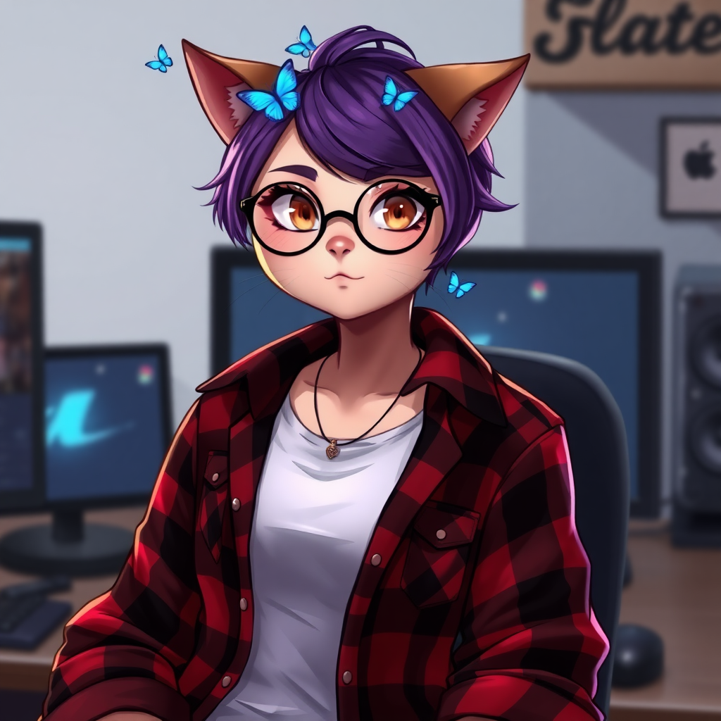 female cat-man with a flat chest serious chestnut color with little blue butterflies on the head, a round head, with a purple UNDERCUT hairstyle, hazel eyes, dimples on the cheeks, chubby cheeks, wearing semi-round glasses, a red and black checked shirt unbuttoned over a white t-shirt, in front of a desk with a gaming PC, in digital art