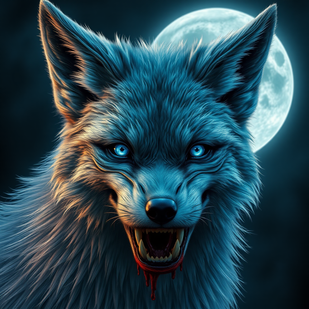 photorealistc style ancient eerie-looking kitsune-silverfox with blue human eyes with baring teeth with blood on the fox teeth, in front of the full moon