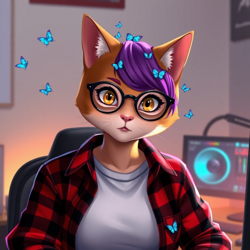 female cat-man with flat chest serious chestnut color with little blue butterflies on the head, a round head, with a purple UNDERCUT haircut, hazel eyes, dimples, wearing semi-round glasses, a red and black checkered shirt open with a white t-shirt, in front of a desk with a gaming PC, in digital art