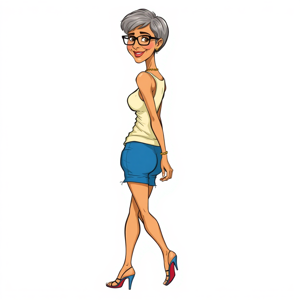 55 Years old, European, Latina, sharp aquiline nose, wrinkles, high cheekbones, Middle Eastern, Skinny, Tanned skin, Dark light skin, Rounded Medium breasts, Skinny thighs, round ass, full Makeup, jewelry, Serious face, Sharp nose, blushing, Ash hair, short bowl haircut, Brown eye color, Glasses, with detailed features. swaying hips, smiling, She is walking away, back side view, she is looking over her shoulder, she is wearing a cream tight tank top and tight blue ruched shorts, visible panty line, detailed fabric. full body, high heels sandals, long establishing shot, 2D, caricature, cartoon, Sketch lines, coloring book, coloring book style on white background, well composed, clean coloring book page, No dither, no gradient, strong outline, No fill, No solids, vector illustration, movement lines. realistic proportions