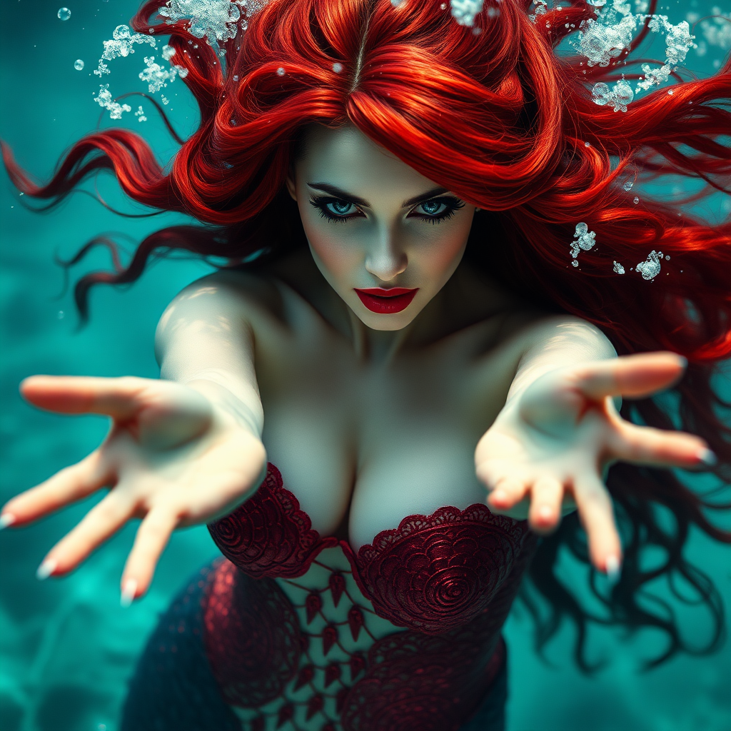 Vampirella as a mermaid underwater hair floating in a nimbus around her beautiful face her arms outstretched towards the viewer and she's looking down into the viewer's eyes making intense eye contact. diaphanous. Real DSLR HD Photography.