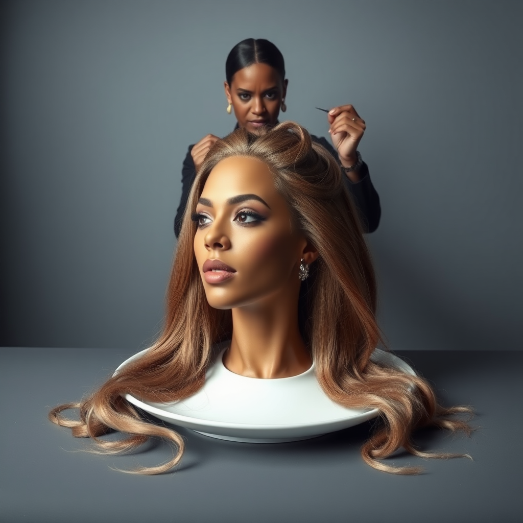 In a surreal and provocative scene, a beautifully tethered, disembodied head of Beyoncé rests gracefully on an elegant porcelain plate, her long, luxurious hair cascading like a waterfall of silky strands around the edges, creating a striking contrast against the stark, muted gray background. The sheen of her skin glows softly, exuding an air of ethereal beauty, while her chin rests directly on the plate, poised and serene. Behind her, a skilled hairdresser, clad in chic black attire, stands with a focused expression, gently teasing and arranging her magnificent hair with nimble fingers, creating intricate patterns that defy gravity. The atmosphere is oddly intimate yet surreal, blending an appreciation of beauty with an unsettling twist, as soft light casts subtle shadows, enhancing the textures of both hair and porcelain. The air is filled with a quiet stillness, broken only by the subtle sound of the hairdresser’s scissors snipping rhythmically and the faint fragrance of hair products mingling with the cool air, heightening the unusual but captivating atmosphere of the scene.