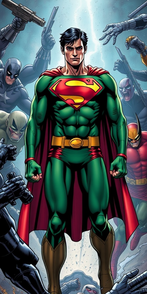 Create a full-length image of Superman transformed into Rogue from the Marvel Universe, post-cosmic wave accident. Depict him mid-battle, confused, looking at his new feminine physique, wearing Rogue's classic green and yellow bodysuit. Surround him with Marvel villains in a chaotic battle scene, leaving no time for adjustment to his new form.