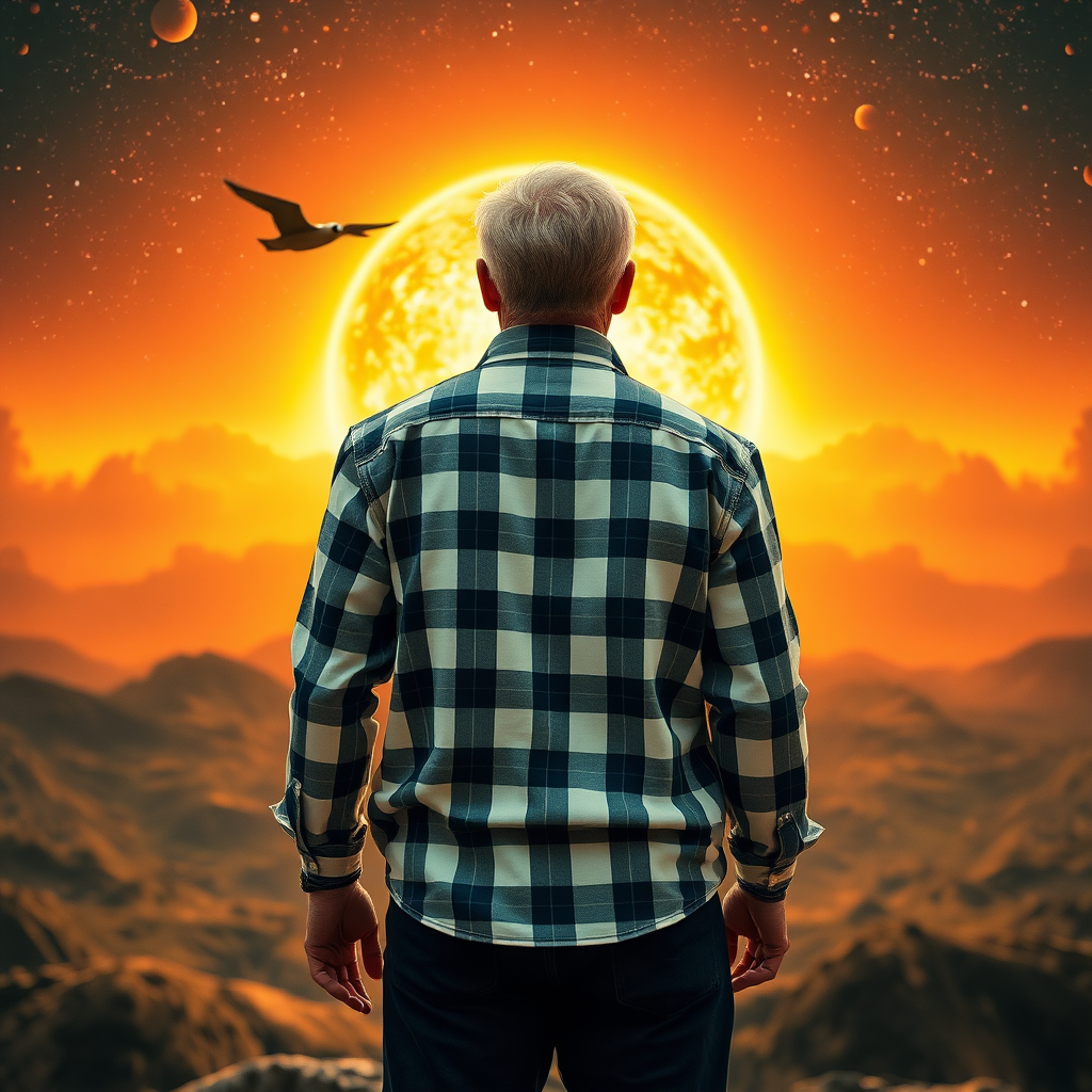 View from behind, a SCI-FI film poster, the blonde man in plaid shirt (white and black) standing on a pack of cigarettes (with name "bond") that flies straight to the sun, universe, 4k, HDR