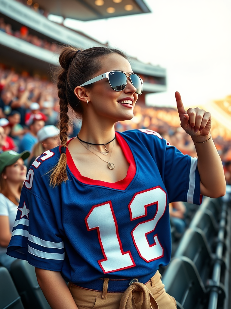 Very attractive female NFL fan, huge chest, jersey, cheering, pigtail hair, crowded stadium bleacher row