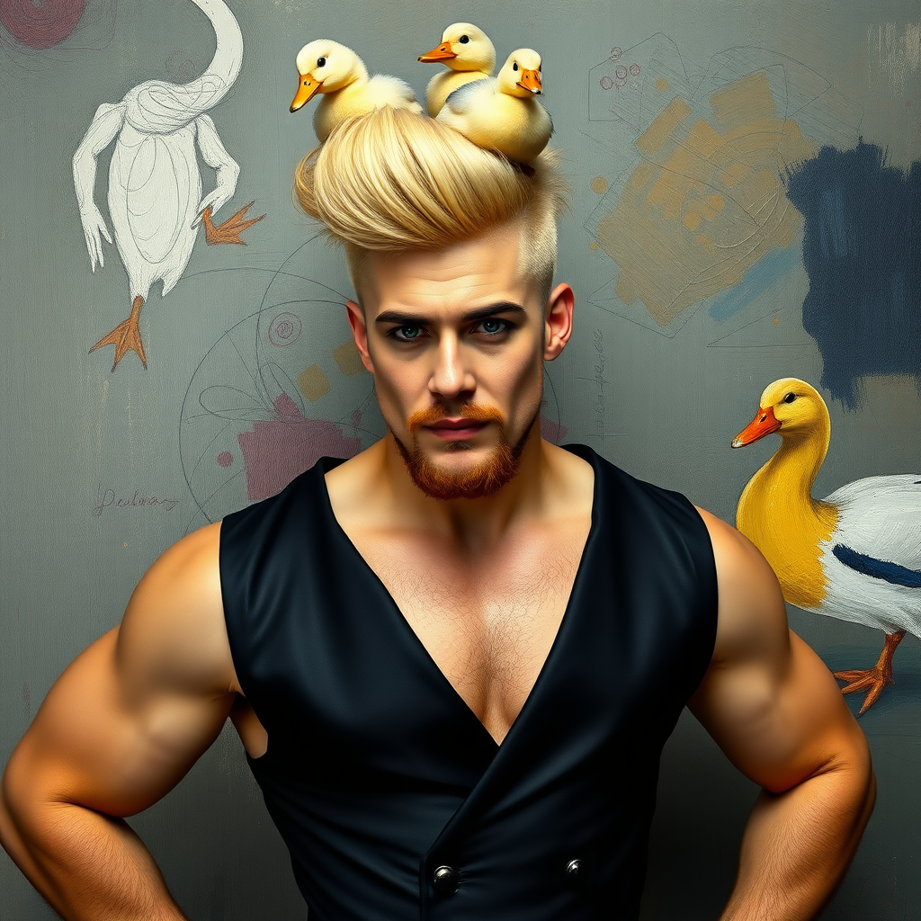 A 4K hyper-realistic photograph in the style of Kandinsky, blending surrealism with kitsch. The subject is a man with an extravagant, Italian blond haircut, styled in a flamboyant bun, paired with a sexy, Masculine look. He sports a neatly groomed, three-day beard — short, evenly distributed, with a light shadow effect across the chin, jawline, and cheeks. His makeup is dramatic, like a drag queen, adding to the boldness of his appearance. He has a muscular, athletic build, with a generous amount of chest hair peeking out from his glamorous outfit. He’s dressed in an extravagant, he wears a dress painted by Kandinsky. standing confidently with his hands on his hips. Above him, smaller ducks rest playfully on his head. The background is a painting by Kandinsky.