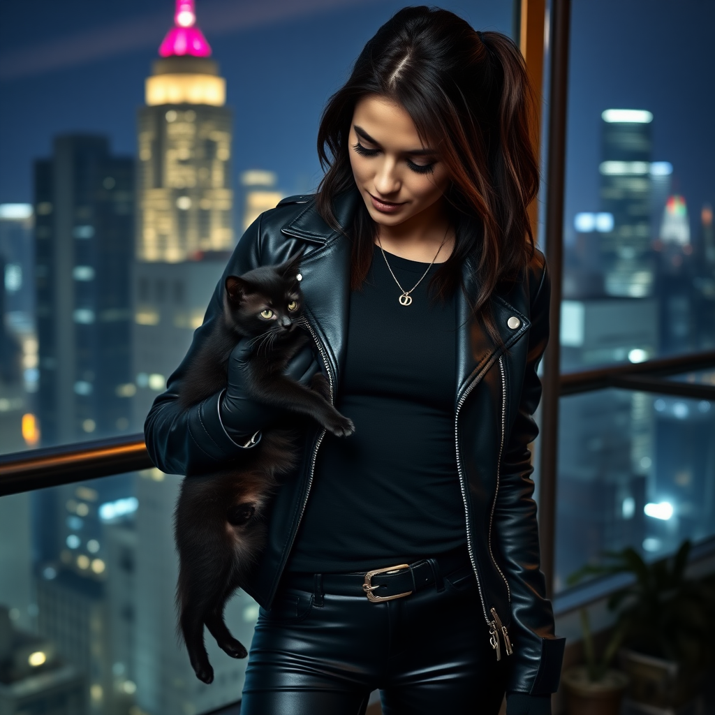 A beautiful tough thief girl in black leather jacket over black t-shirt with black tight jeans and gloves stroking a black kitten in a Manhattan penthouse at night.