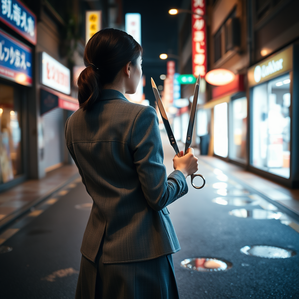 the back of a young Japanese businesswoman gripping a pair of long scissors that she holds pointed downward at her right side. She wears a grey blazer and a grey skirt and faces the camera. The lights from the shops in the alleyway glint off of the scissors. The lights from the shops in the alleyway are reflected in the rain puddles scattered on the asphalt of the ground. It is late at night.