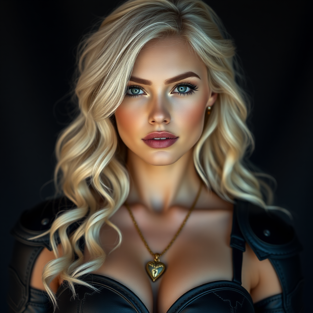 Portrait of a beautiful young woman with long wavy platinum blonde hair, blonde eyebrows, green eyes, a suntan, and large breasts. She is wearing black leather armor and a gold necklace with a small heart pendant.