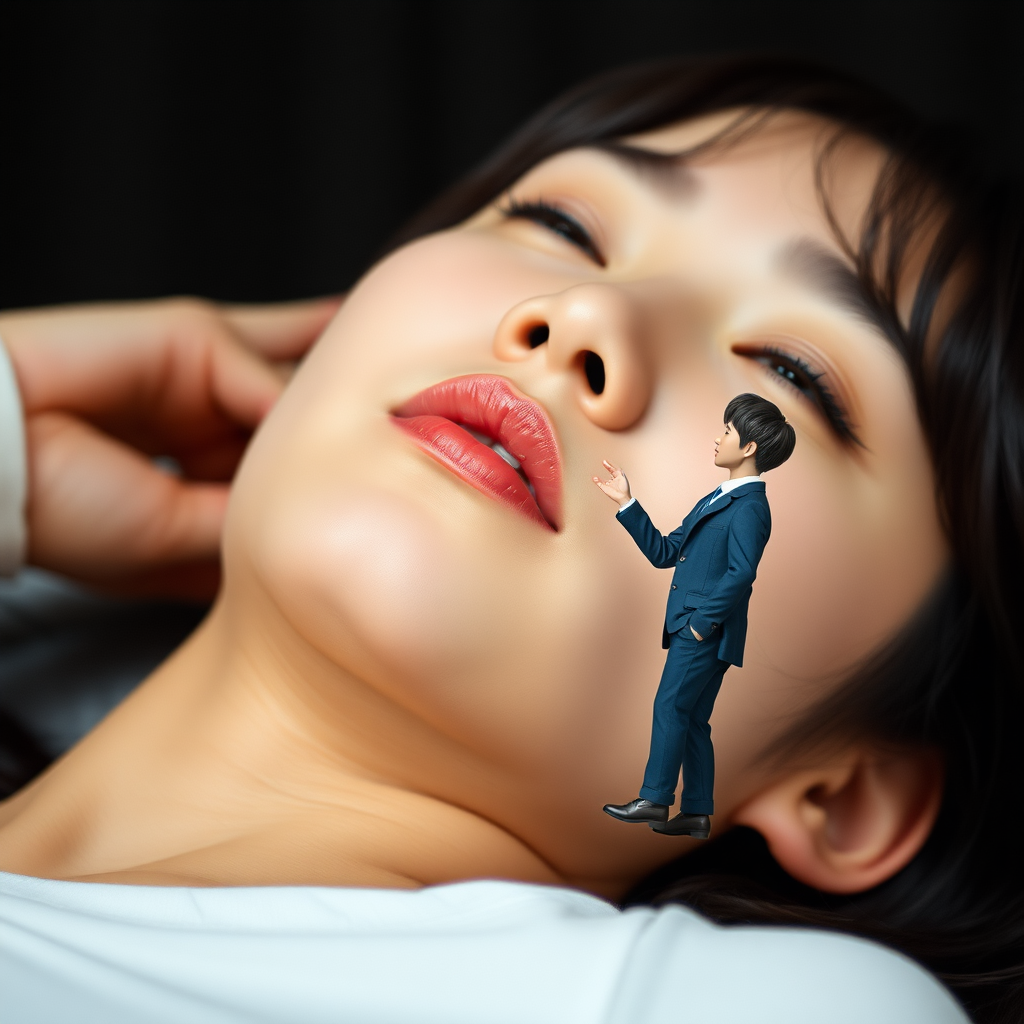 Photograph side view Korean young woman lying down on her back. A 3-inch tall man stands on her chin, his expression is awed. Emphasis on the woman's lips.