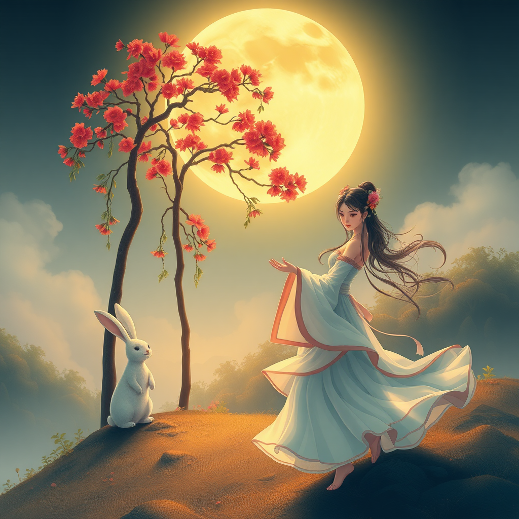 In the golden moon, there are tall osmanthus trees, a talking jade rabbit, and Chang'e sister in a beautiful gauze skirt dancing.