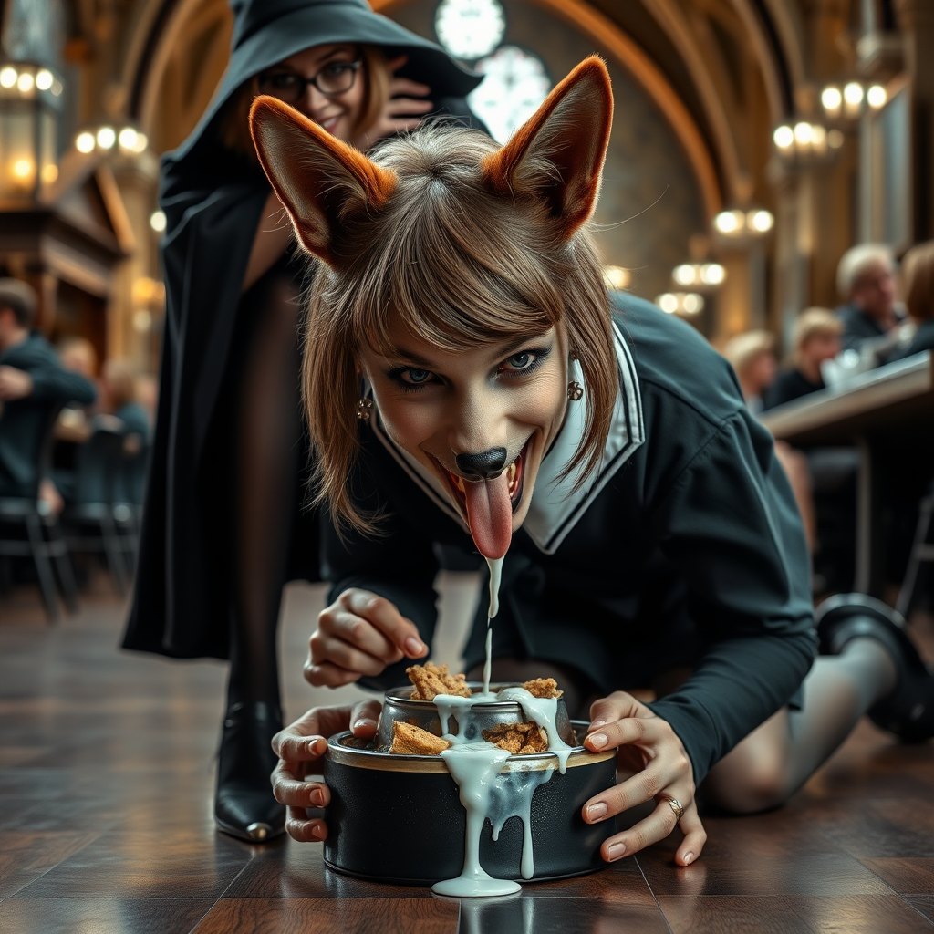 photorealistic, ultra high resolution, 16K, surreal fantasy, studio lighting, a wicked witch at Hogwarts School has cast a spell on Tyler Swift, who is a pretty 18 year old dog-boy, slim male physique with dog ears and bushy tail, shoulder length brown hair, goth makeup, earrings, spikey dog collar, dressed as a Hogwarts Slytherin girl - glossy grey pantyhose, school uniform, Mary-Jane shoes, kneeling on all fours the floor face down eating food from a dog bowl on the student dining hall at Hogwarts School, excited smile, swallowing food from the bowl, and white fluid dripping from his mouth from his open mouth, canine teeth. The witch is standing behind Tyler and is resting her arms on his shoulders. full body view, facing the camera.