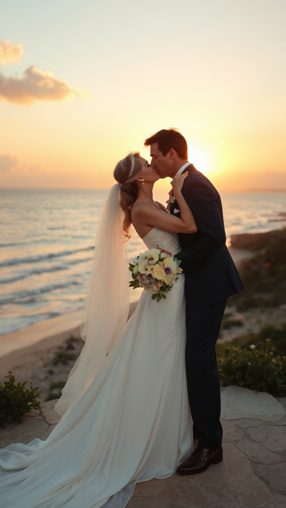 In the background, Nicole Kidman and Tom Cruise are elegantly dressed, she in high heels and he in patent leather shoes, he passionately kisses the bride, with the sea and a beautiful beach in the background, a sunset sky with sun rays and clouds.