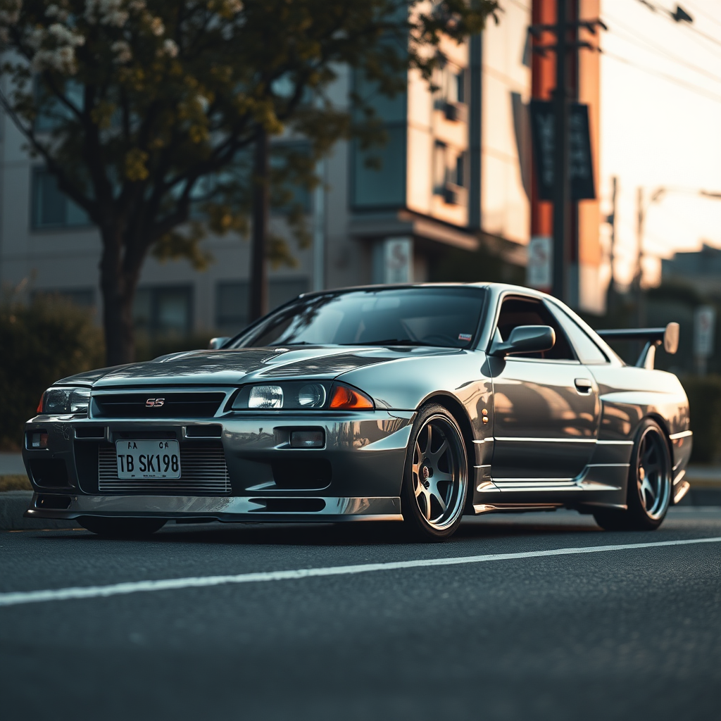 The car is parked on the side of the road, inspired by Taiyō Matsumoto, tumblr, restomod, nd4, c4 metallic shine nissan skyline r34 kalabalik tokyo gece arkaplan