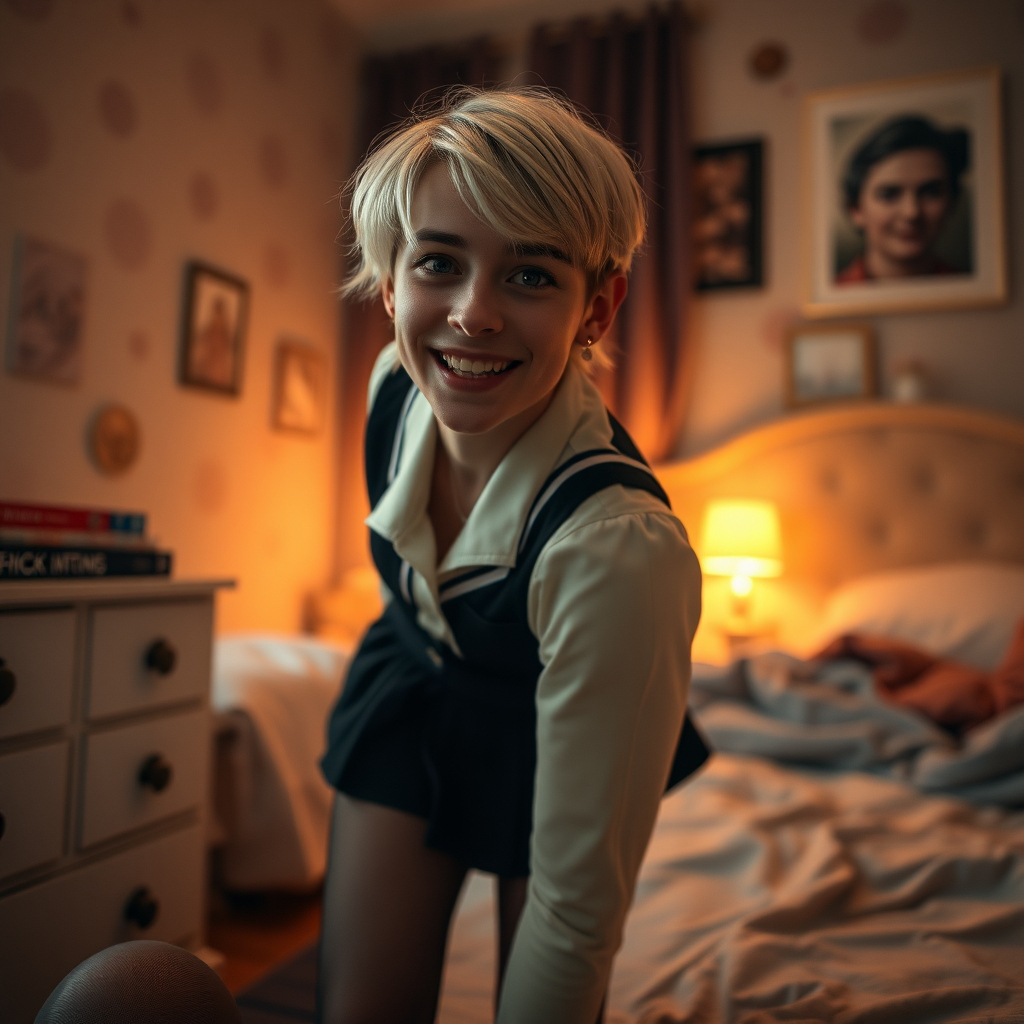 photorealistic, ultra high resolution, 16K, surreal fantasy, soft studio lighting, a pretty 16 year old goth male, slim male physique, short blonde hair, goth makeup, earrings, sheer pantyhose, UK girls-school uniform, Mary-Jane shoes, in the bedroom - , excited smile, facing the camera.