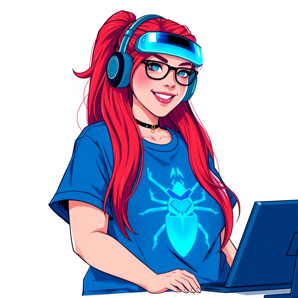 A cyberpunk vigilante’s full-figured intelligent and tech-savvy 29-year-old girlfriend, who is a computer hacker and tech genius. She has a long ruby red ponytail and bright blue eyes. She wears a sapphire beetle gemstone necklace, and an oversized maximum blue t-shirt featuring a giant neon blue glowing icon of a beetle on its chest. She has a full-figured physique with a prominently, gargantuan, well-rounded midsection, reflecting her well-cared-for lifestyle. She sports a sapphire headset with hi-tech maximum turquoise lensed HUD visor, black eyeglasses, and a beaming smile with a passionate bright red blush. Despite her figure and a lack of self-esteem, she radiates an air of beauty. She has a slim face which contributes to her radiant beauty. She serves as his tech expert from his hideout, diligently working at her lab table and computer desk. The background is solid white. She is drawn as if she was in a retro 2D cyberpunk fighting game.