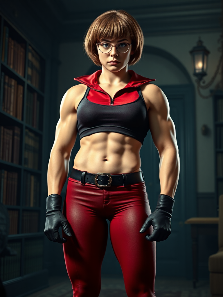 Create a full-length photorealistic image: Character Velma Dinkley possesses an inverted triangle body type of a male bodybuilder. Keep Velma's head intact, maintaining her signature hairstyle and facial features. Ensure her iconic costume fits this new muscular physique. Background inspired by Velma's role, featuring mystery-solving elements like a spooky library or an old mansion. Maintain consistent lighting and detail throughout the scene.