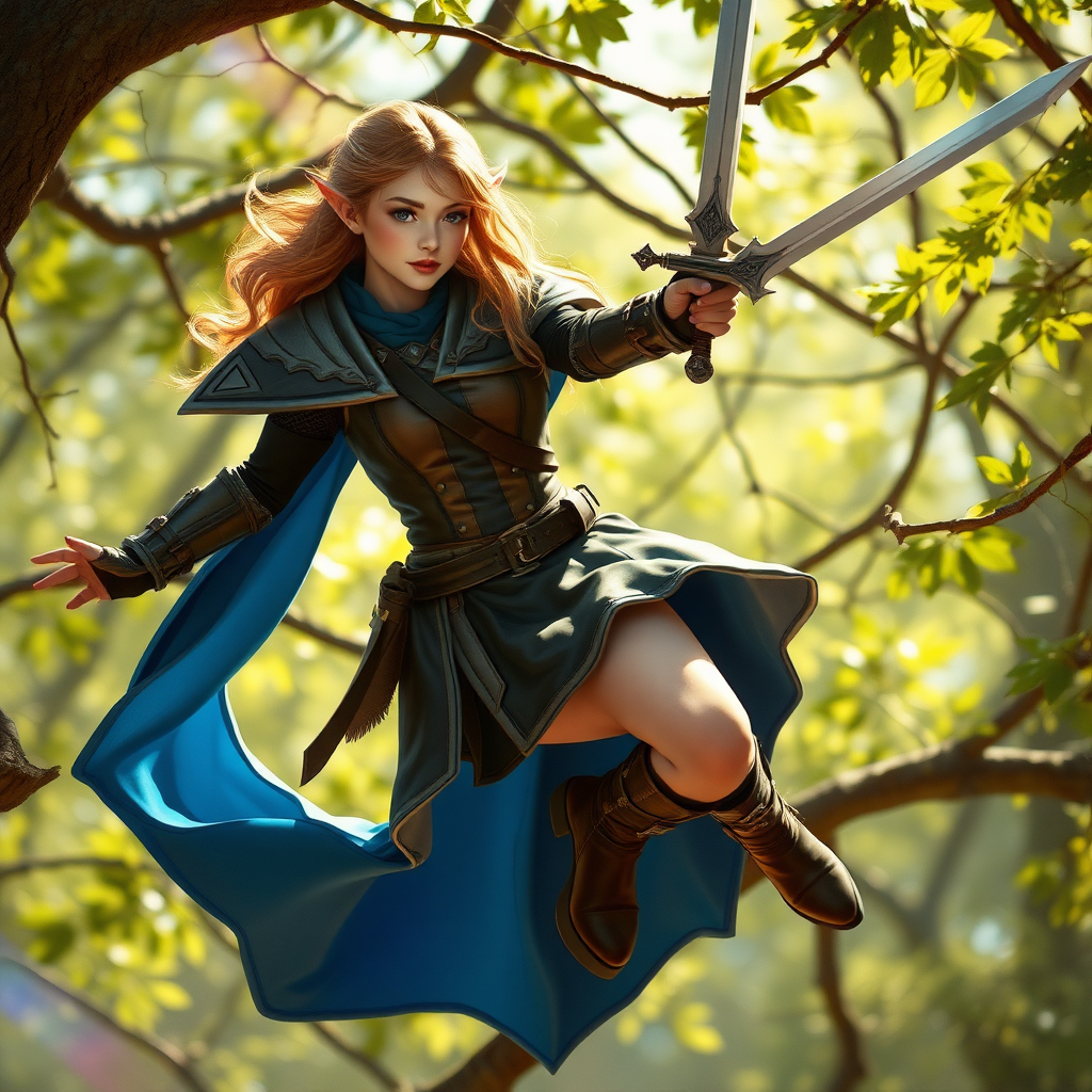 A twenty-something elf girl like (Deedlit from Record of Lodoss war), a character come to life. wide triangular shoulder pads, blue flowing cloak, leather armor, skirt, high heel ankle boots. Flying through tree branches, sword in hand. Photo-real, film grain, lens flare, chromatic aberration.