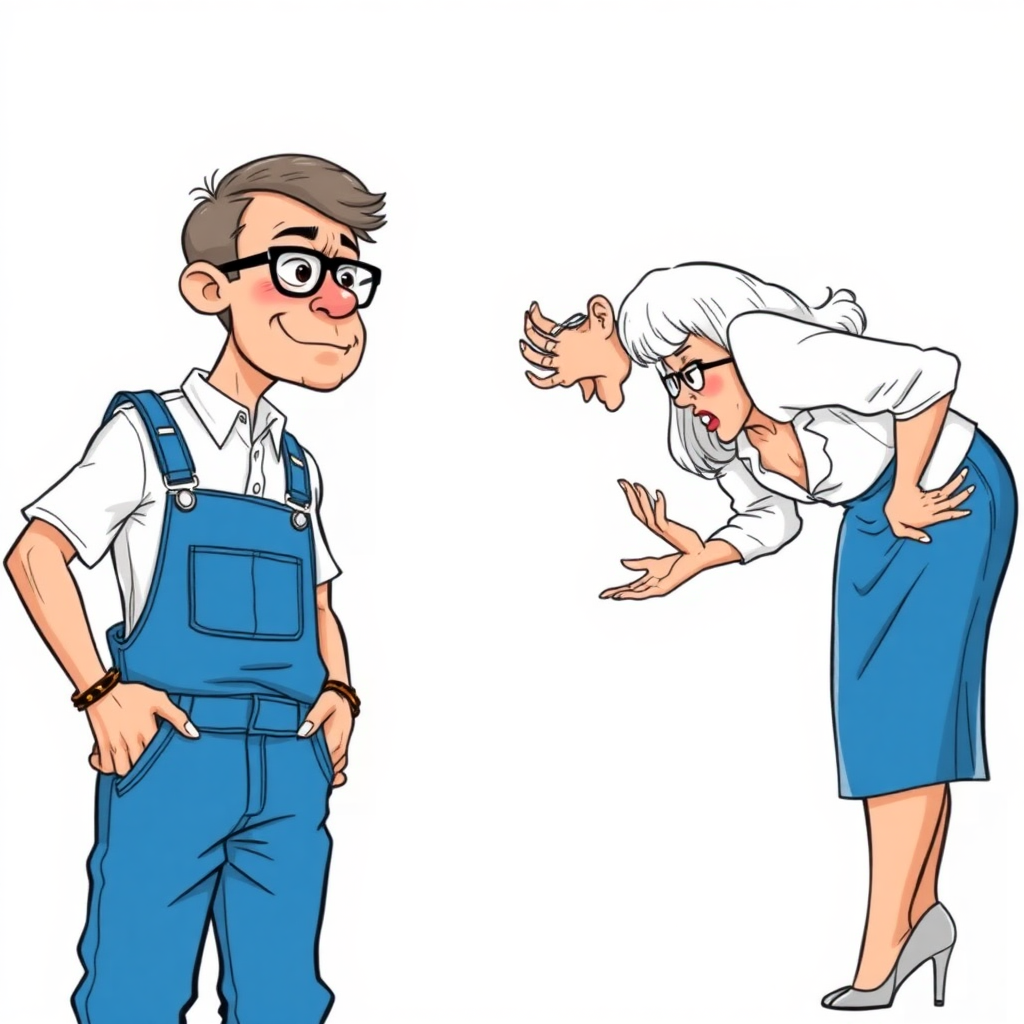 20 year old european skinny boy wearing work overalls is blushing excited while lectured by a towering 55 Years old, European, Latina, sharp aquiline nose, wrinkles, high cheekbones, Middle Eastern, Skinny, Tanned skin, Dark light skin, Rounded Medium breasts, Skinny thighs, full Makeup, jewelry, Serious face, Sharp nose, blushing, Ash hair, short bowl haircut, Brown eye color, Glasses, with detailed features. Hands on hips, She is bent over the boy, she is wearing a white shirt and a blue skirt, detailed fabric. full body, high heels sandals, long establishing shot, 2D, caricature, cartoon, Sketch lines, coloring book, nlack and white, coloring book style on white background, well composed, clean coloring book page, No dither, no gradient, strong outline, No fill, No solids, vector illustration