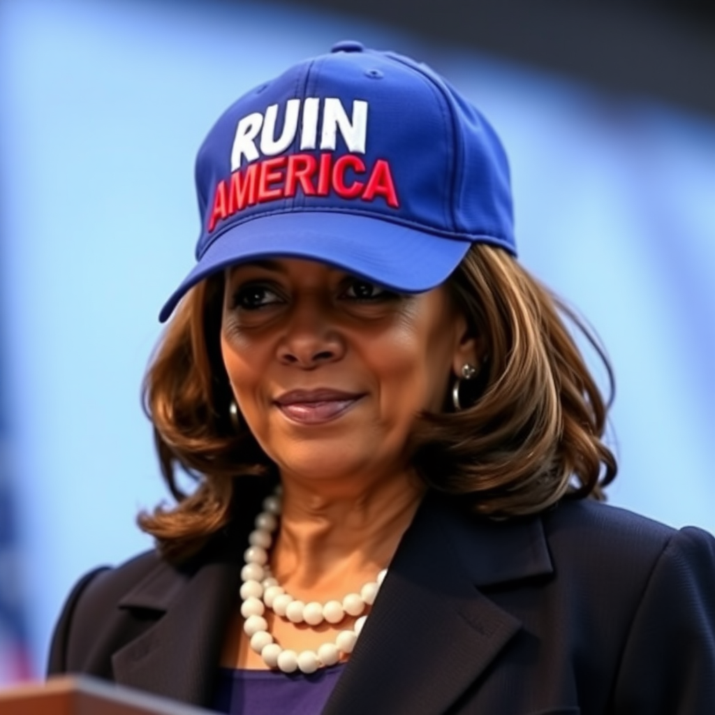 Kamala Harris wearing blue cap with white text "RUIN AMERICA"