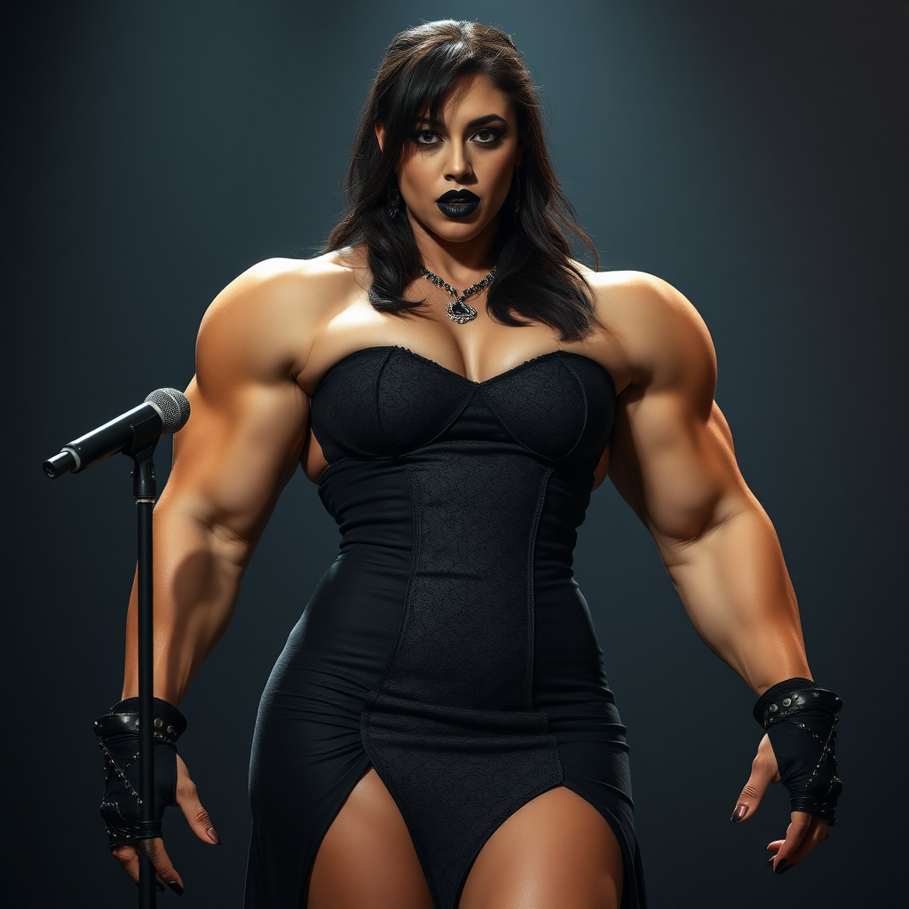 massive huge jacked muscular strong girl bodybuilder, strapless dress, black lipstick, gothic rock singer