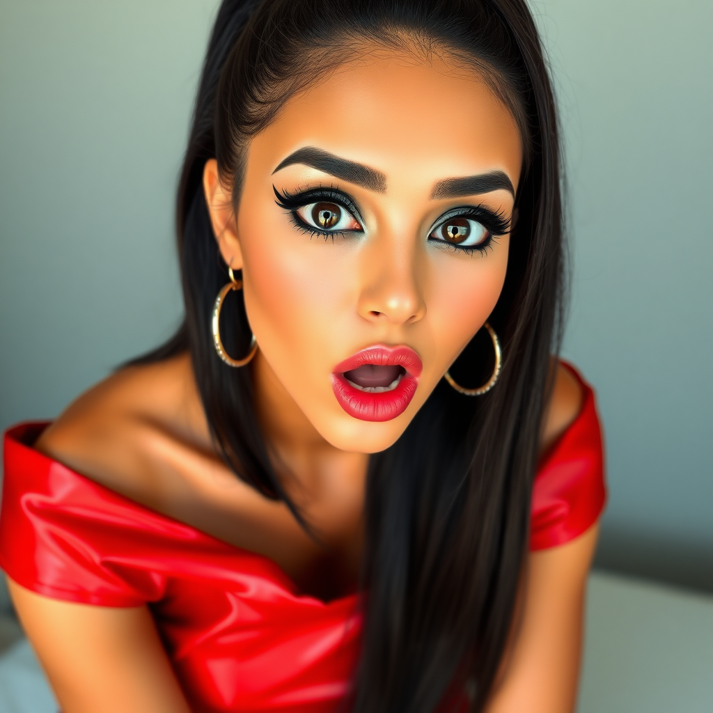 surprised Arabian girl with mouth open. She has very large eyes, black eyeshadow, black eyeliner, fake eyelashes, very tanned skin, very long hair. very high ponytail, red off shoulder shinny crop top. photo realistic, long straight black hair. crop top, pencil skirt, micro skirt, long legs.