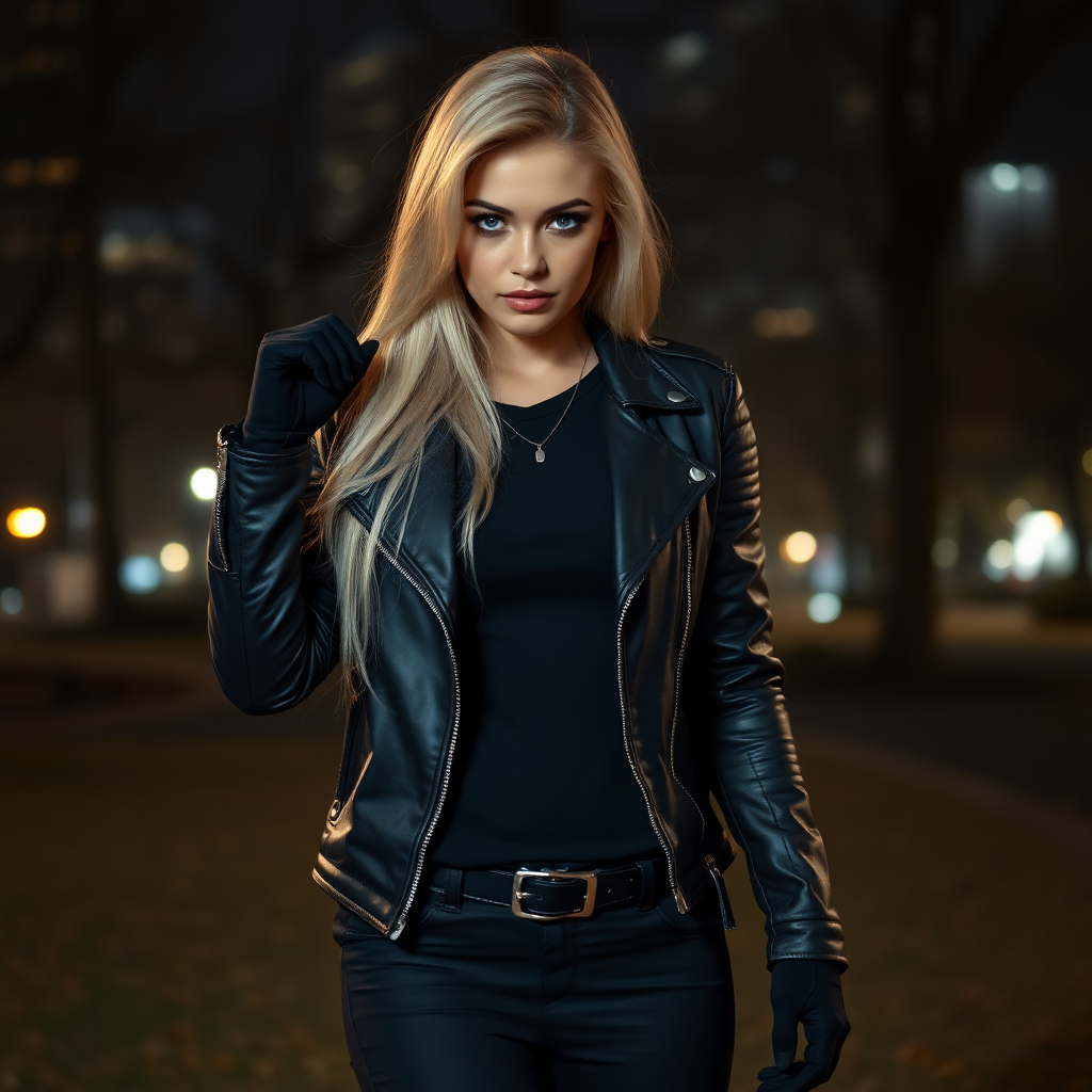 A beautiful blonde badass female burglar in black leather jacket over black t-shirt with black pants and gloves in Manhattan park at night.