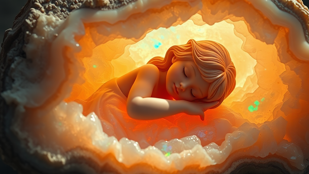 statue carved from opal of a 8 year old girl sleeping in a geode, high quality photo, intricate environment, ultra-detailed, impressionistic, dynamic composition, artistic photograph, geode, alabaster, fractal, brilliant colors, glittering, sunlight, illumination, transparency, translucent, opal