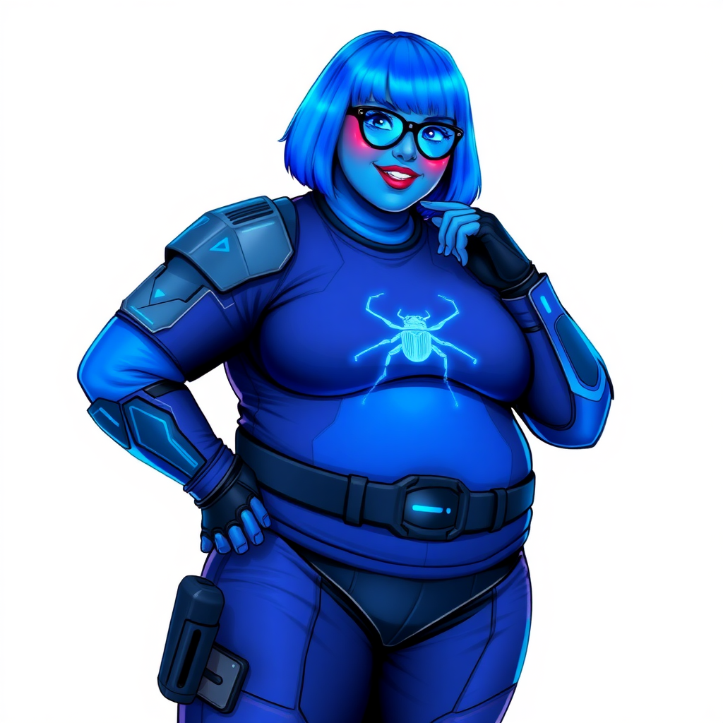 A 28-year-old, full-figured, metallic maximum blue (5PB 5/10) skinned computer program hybrid with a maximum blue bob cut. She has a non-athletic build, highlighted by a prominent, round, large midsection (with emphasis on her round belly), which shows the effects of her love of junk food acquired from her boyfriend. As the full-figured, nerdy, digital sidekick to her cyberpunk vigilante boyfriend, her metallic maximum blue skin and maximum blue lipstick (5PB 5/12) emphasize her digital nature. Her skin has a subtle, animated glow, with digital patterns occasionally flickering across it, making her digital nature obvious. She wears a digital, computerized, superhero costume, consisting of a massive, tight-fitting, maximum blue t-shirt (5PB 5/12) made out of advanced nanotech with a neon blue chest icon of a beetle, hi-tech shoulder pads with neon blue accents, a black hi-tech belt with a digital neon blue glowing buckle, digital maximum blue biker pants (5PB 5/12) with neon blue accents, and black hi-tech fingerless biker gloves with neon blue glowing accents. Her neon blue glowing eyes, black eyeglasses with neon blue glowing lenses equipped with a built-in HUD, and bashful smile with neon red blush accentuate her nerdiness. She stands bashfully with one hand behind her back and the other hand gently touching her cheek, her costume covering all her skin (especially her midsection) and emphasizing her full figure (especially her round belly). She is clearly non-athletic, with a focus on her full-figured physique. Despite her build, she radiates beauty. She has a slim face compared to her physique, accentuating her radiant beauty. She is on a solid white background. She is drawn as if she were in a retro 2D cyberpunk fighting game.