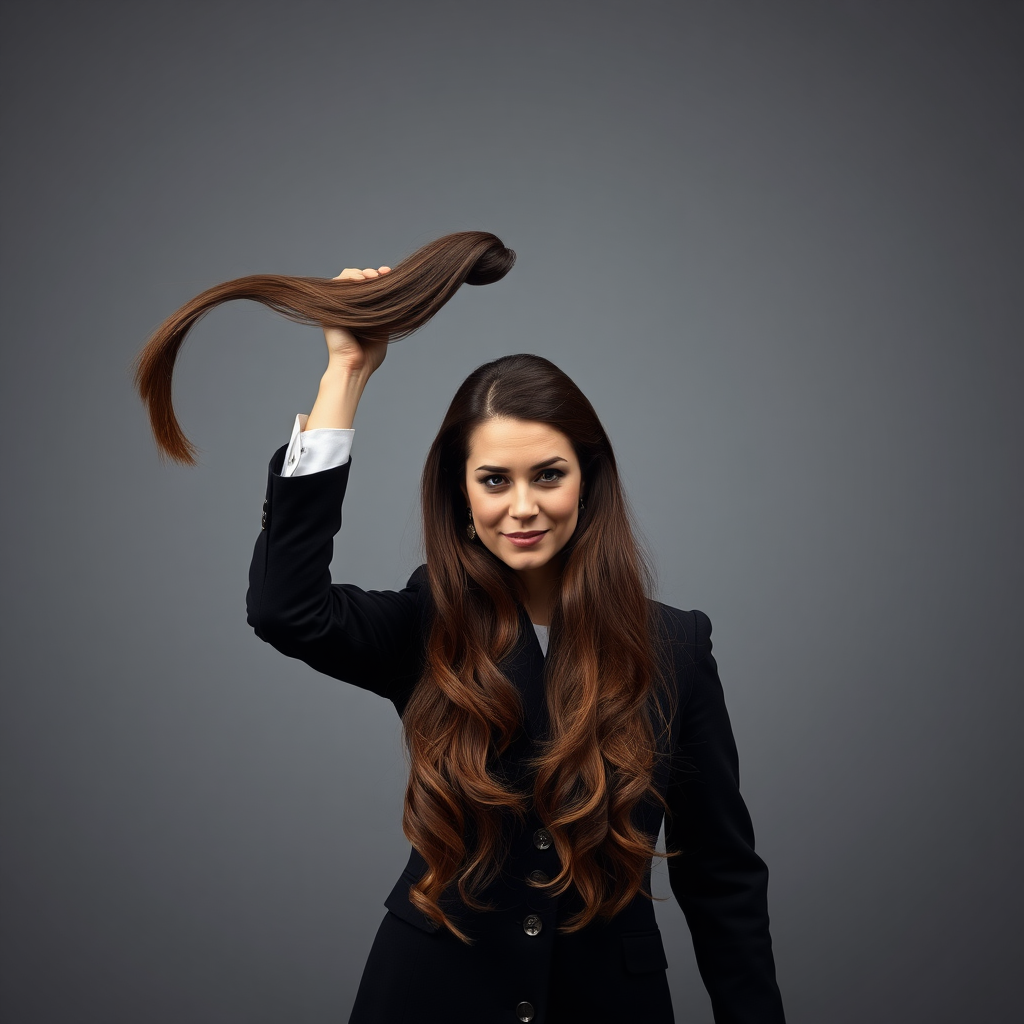 A surreal image of a magician holding up the disembodied head of a very long haired Kate Middleton. He is grabbing her by her long hair and holding up her head to display it to the camera. Plain gray background.