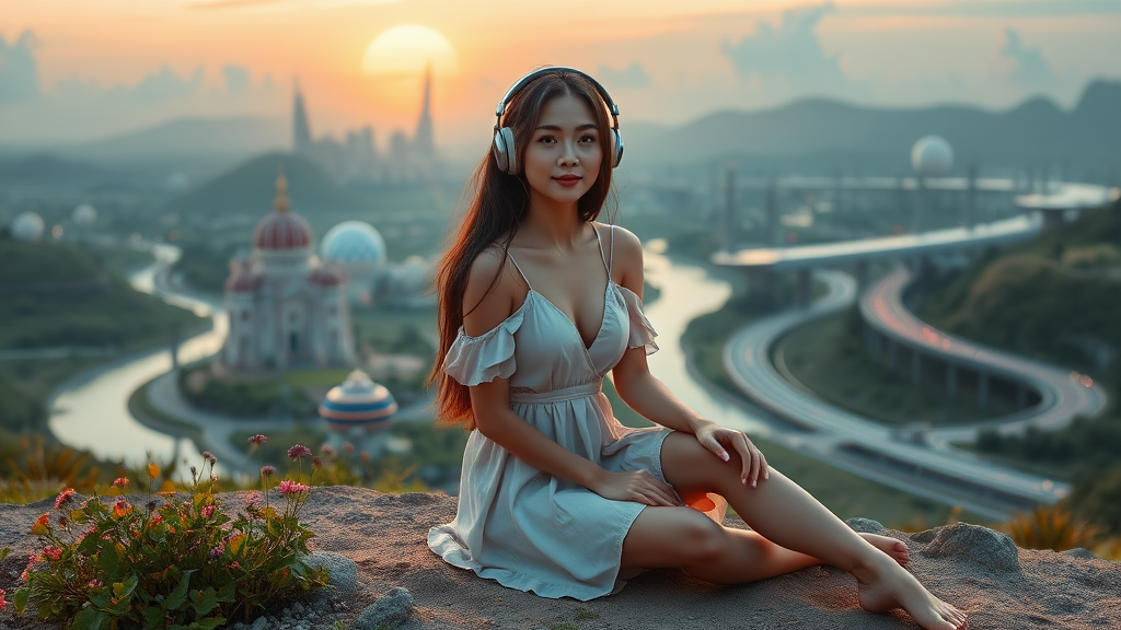 pretty Asian woman with long hair in a pretty short dress, sitting on the ground with headphones, on an alien planet with an alien city in the background, nice greenery, flowers, rivers, and nice sunrise clouds, highways and streets, ultra realistic view and ultra high cinematic detail