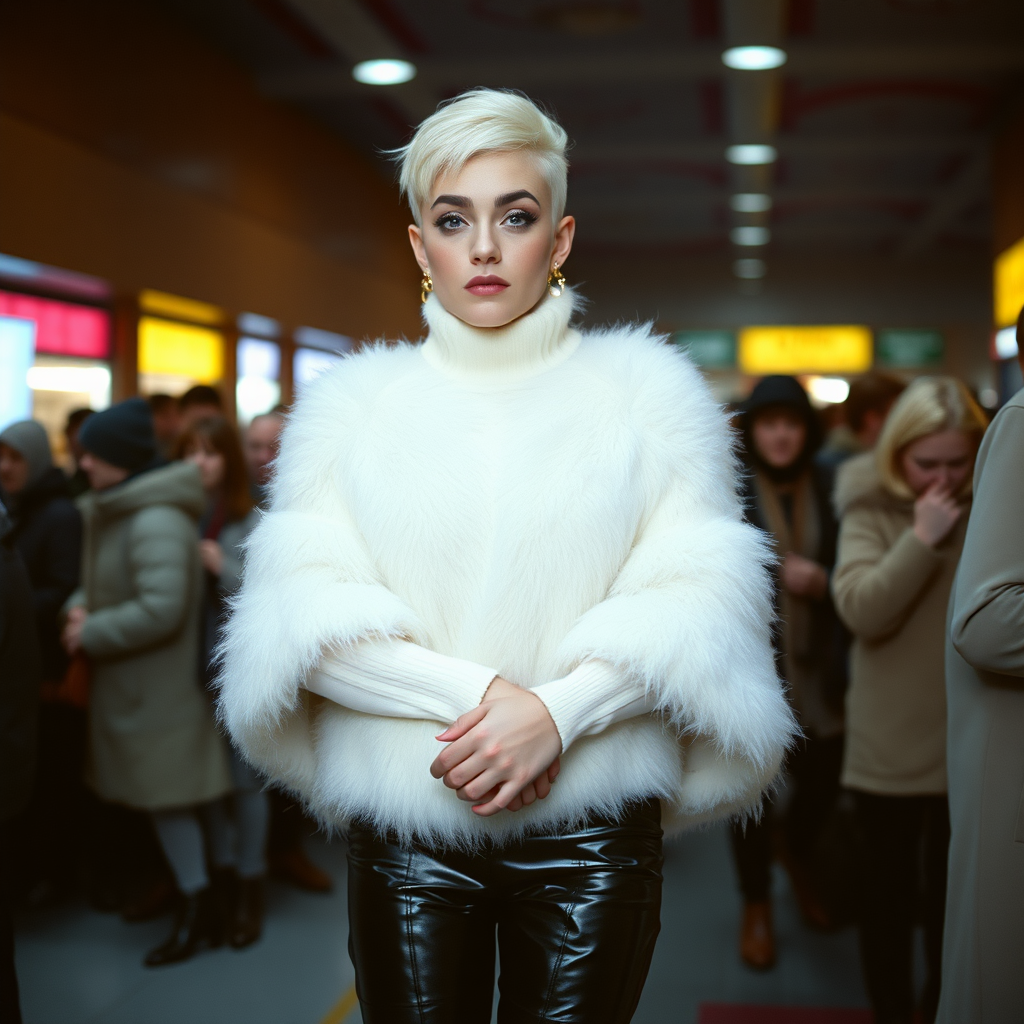 1990 winter evening, crowded cinema lobby: Sam, 19 years old beautiful involuntary femboy, rebellious intractable character, petite boyish figure, platinum blond boyish rebel punk hairstyle, flawless heavily made-up face with sharp arched tattooed eyebrows, wearing Supertanya-style fluffy very fuzzy bright white angora long turtleneck-poncho fully covering body and arms, black leather high-heeled thigh-high boots, gold earrings, puzzled alarmed, pout serious, impatiently waiting for her master. Focus on Sam’s face and turtleneck-poncho.