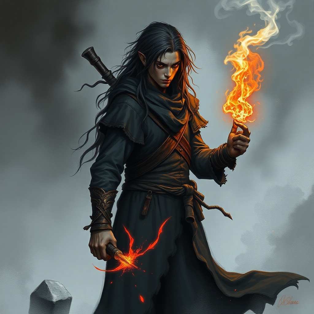 D&D fantasy drawing style 4k human sorcerer that was brutally experimented on, around 16-17 years ago, long unkempt hair, adept at fire magic, walking in the mists, dark fantasy