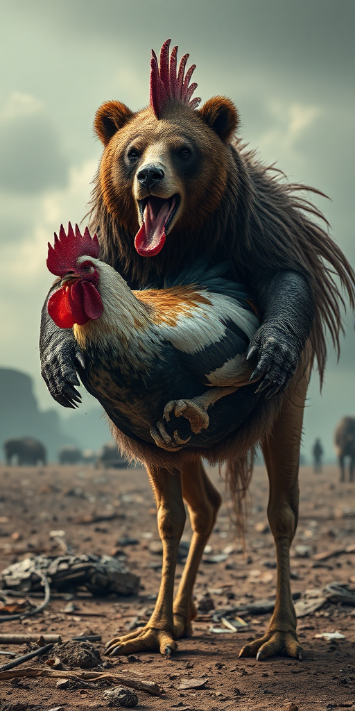 A creature with the head of a bear, the body of a rooster, and the legs of a camel in a hyper-realistic apocalyptic environment.